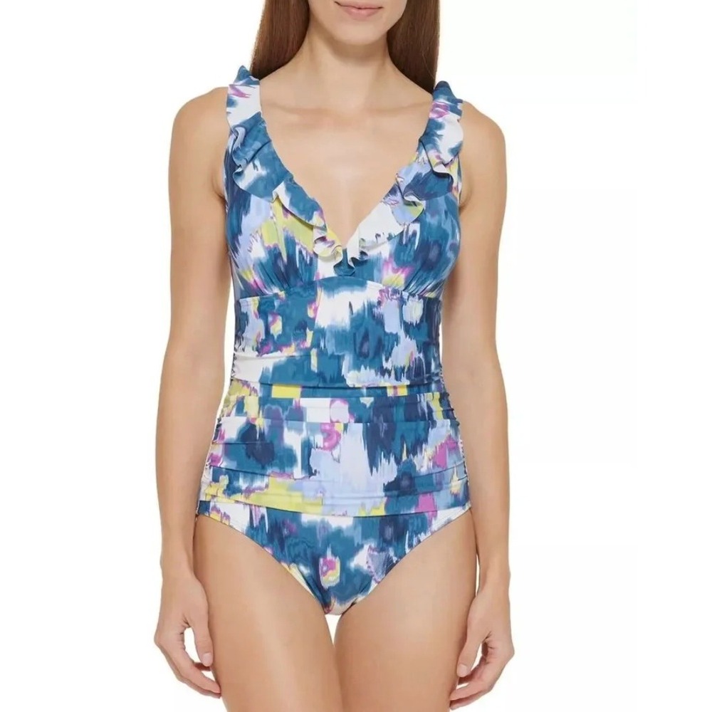 DKNY One Piece Swimsuit 6 Blue Abstract Ruffle Ruched Tummy Control Swimwear